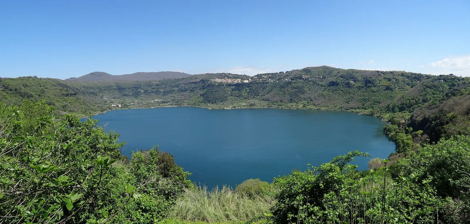 Panoramica del lago di Nemi, uno specchio d'acqua blu chiuso dalle pareti verdi e boscose del cratere, con il borgo di Nemi sul crinale e cespugli in primo piano
